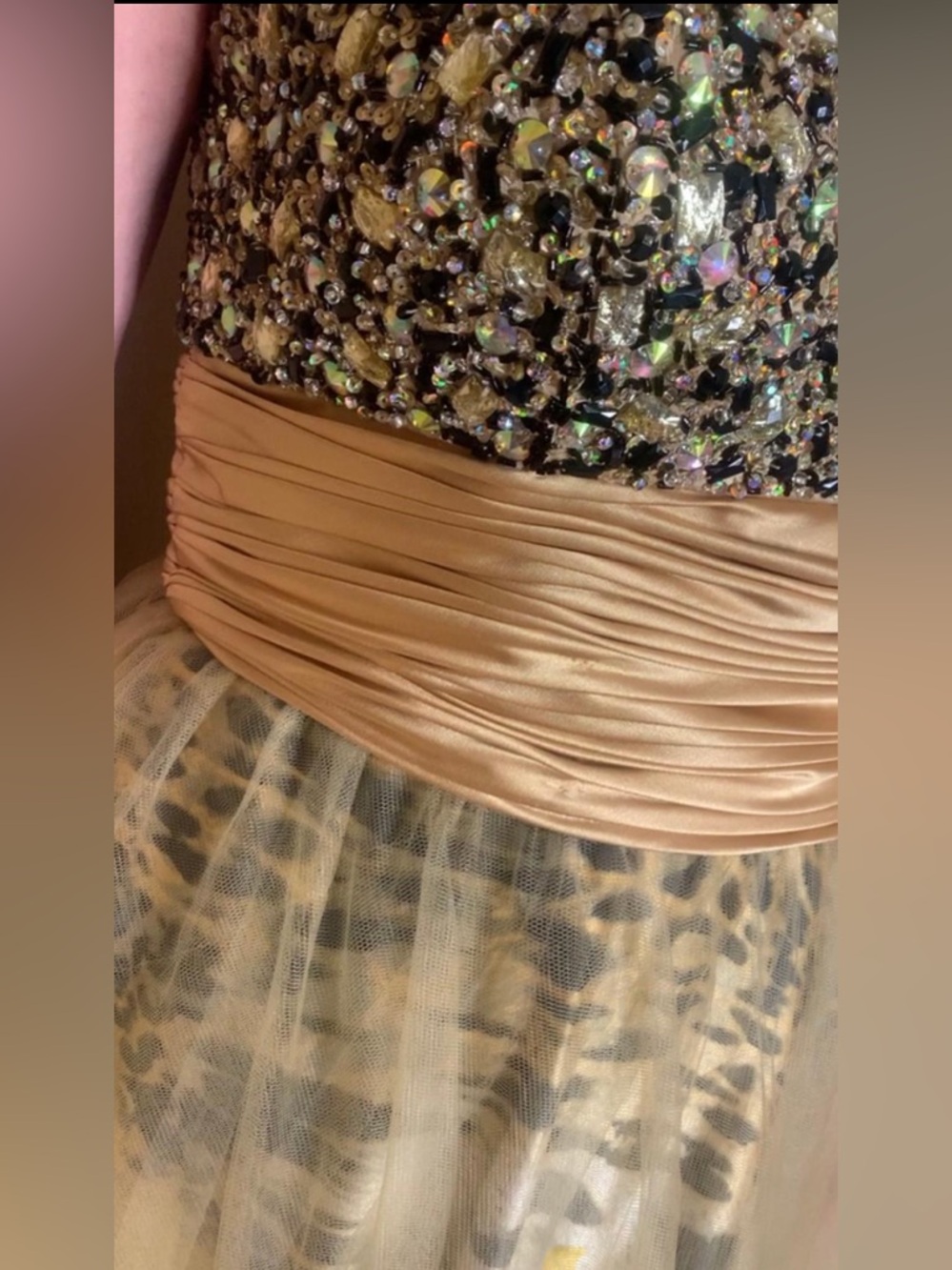 Gold Sequin Strapless Prom Dress | Leopard Tulle Gown Corset Back Size M (8/10) - Picture 2 of 3